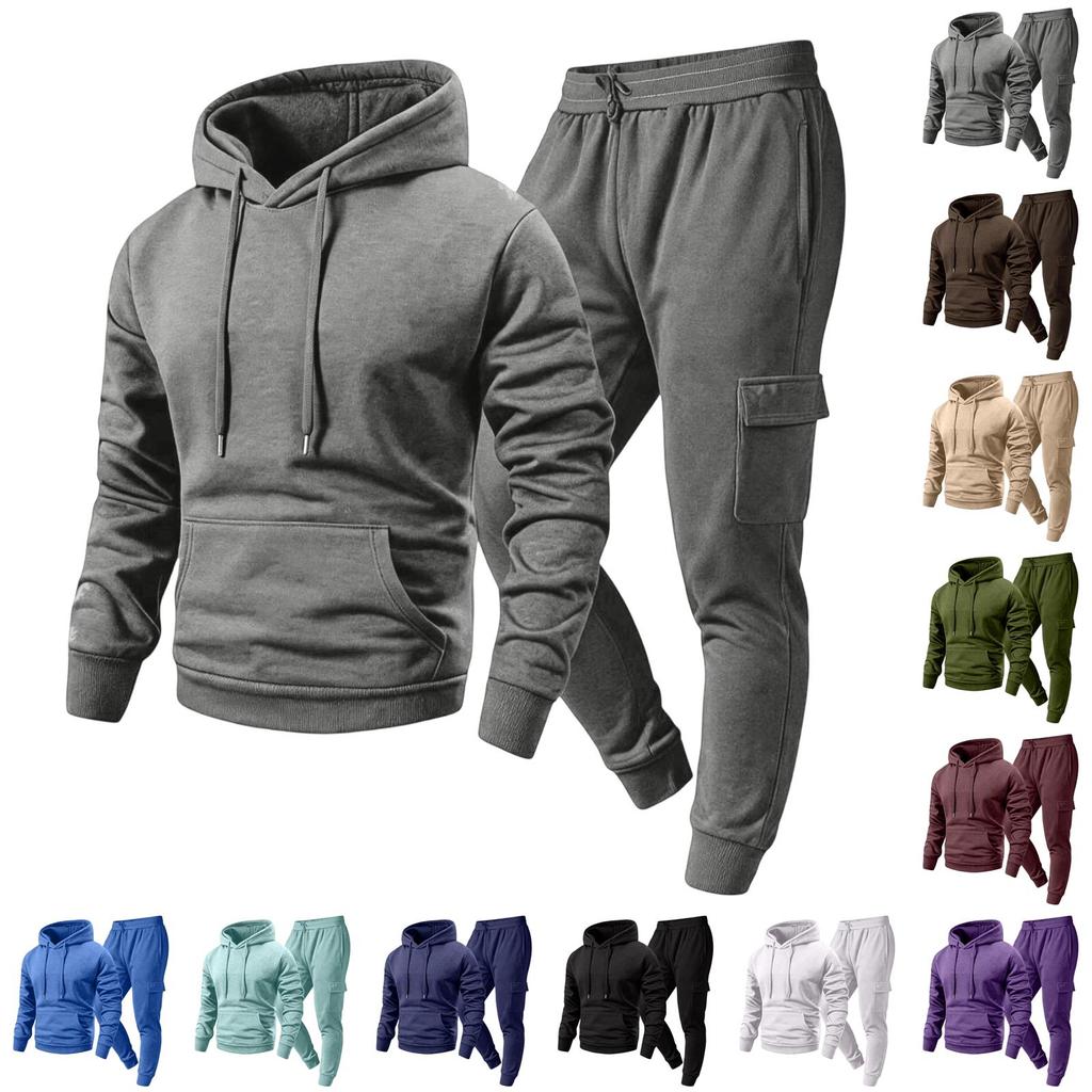 Men's Casual Outdoor Sports Two-Piece Set - Color Sweatshirt and Elastic Waist Cargo Jogger Pants