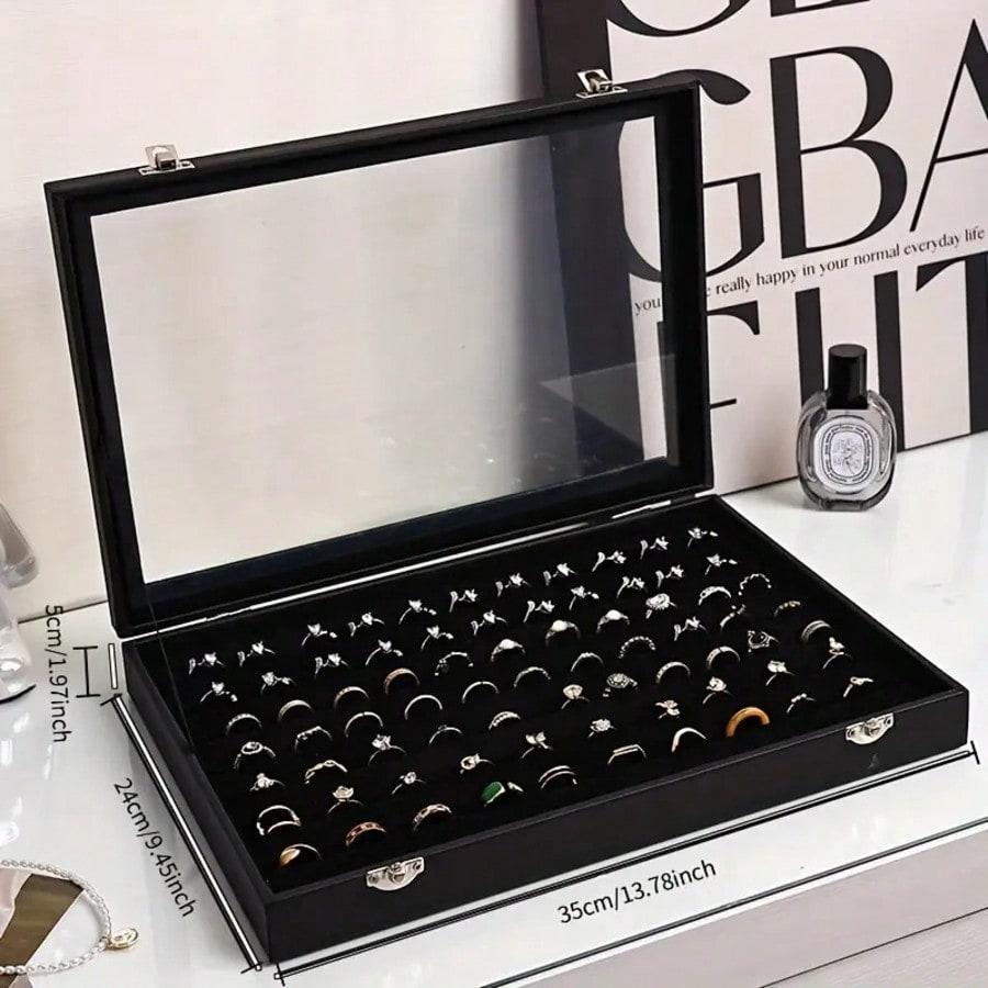 Ring Organizer Box With Clear Lid - Faux Leather Jewelry Storage Display Case For Rings, Beads & Jewelry Making - Compact Tabletop Organizer For Women