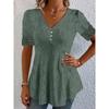 Summer New Women's V-Neck Jacquard Hollow Out Lace Waist-Cinched Fashion Short Sleeve Top T-Shirt for Women