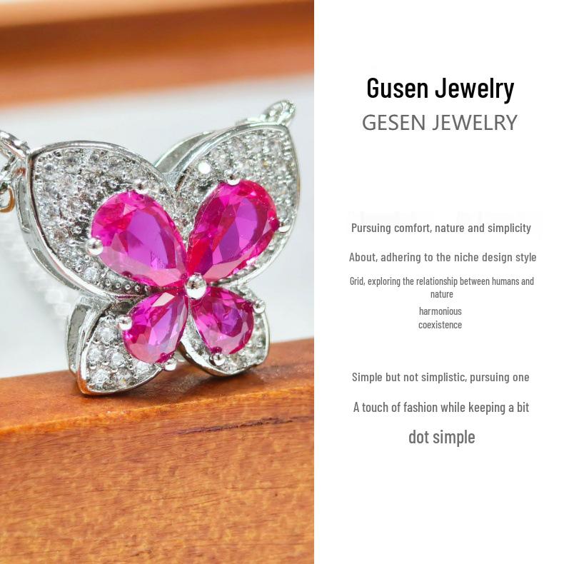 Gusien Exquisite Red Steel Butterfly Jewelry Set: Necklace, Ring & Stud Earrings - Korean Style Women's Fashion.