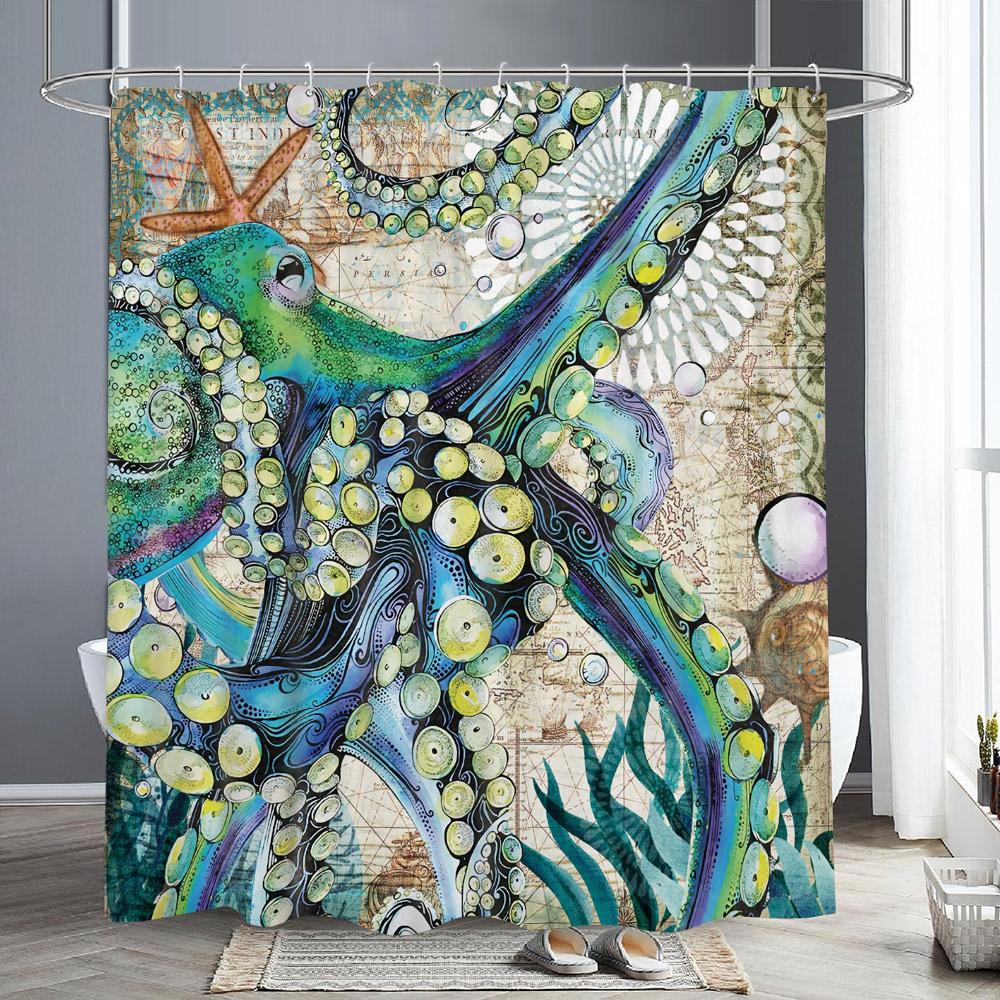 

Морской осьминог занавеска для душа Веселые гигантские щупальца Морские существа Пляж Пиратские карты Полиэстеровая ткань Занавеска для ванны Декор для ванной 120x180cm-47x70in
