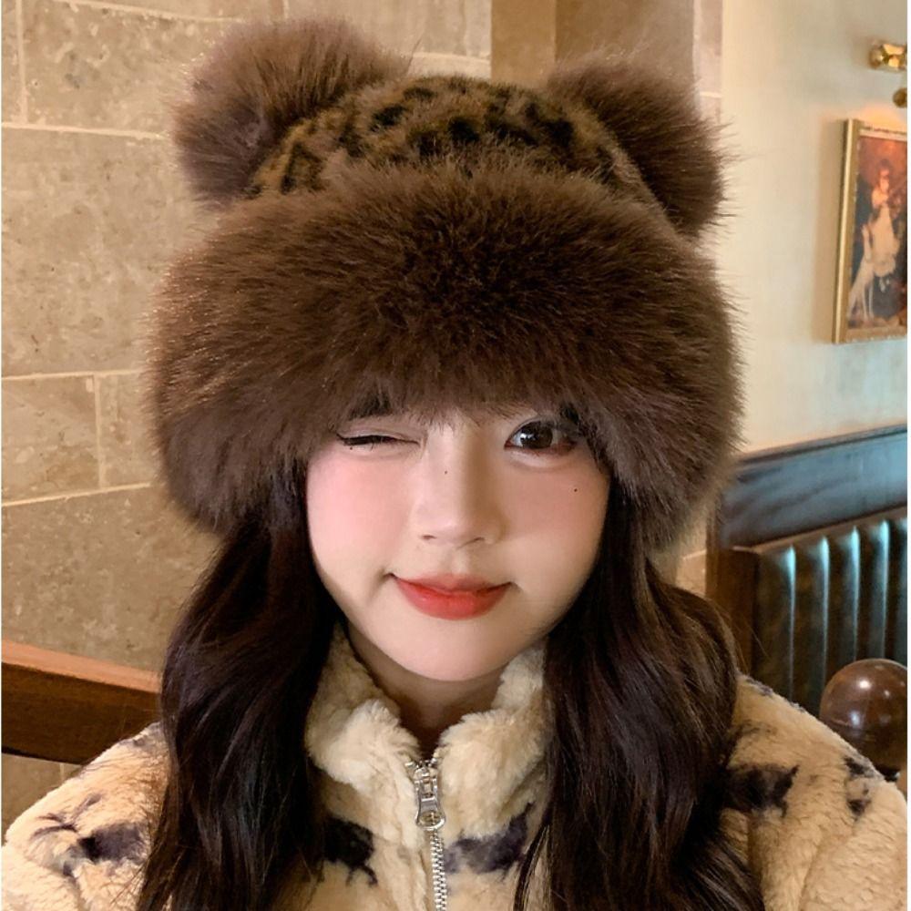 Brimless Leopard Print Bucket Hat Korean Style Fluffy Warm Hat Fashion Plush Mongolian Hat Women
