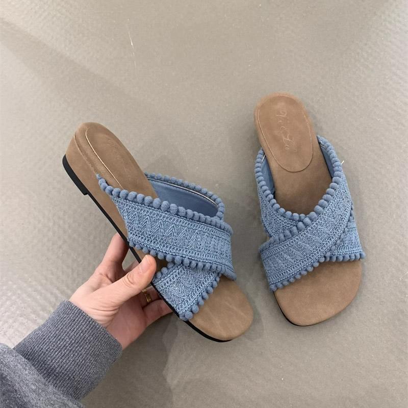 

Богемные сандалии на плоской подошве Женские летние новые винтажные этнические сказочные волнистые западно-индийские пляжные уличные шлепанцы материал TPR 40 синий