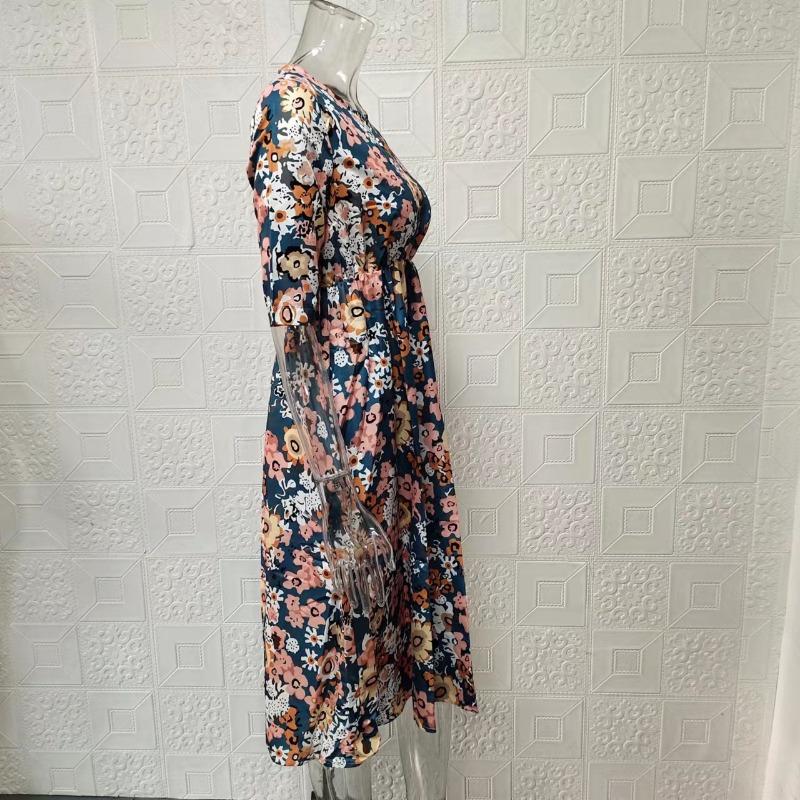 Rochie de damă cu imprimeu floral la modă, mărime mare, buzunar de vară, vintage, lejer, rochii casual pentru femei, elegantă, simplă, cu gât rotund, rochie de damă de birou 24258