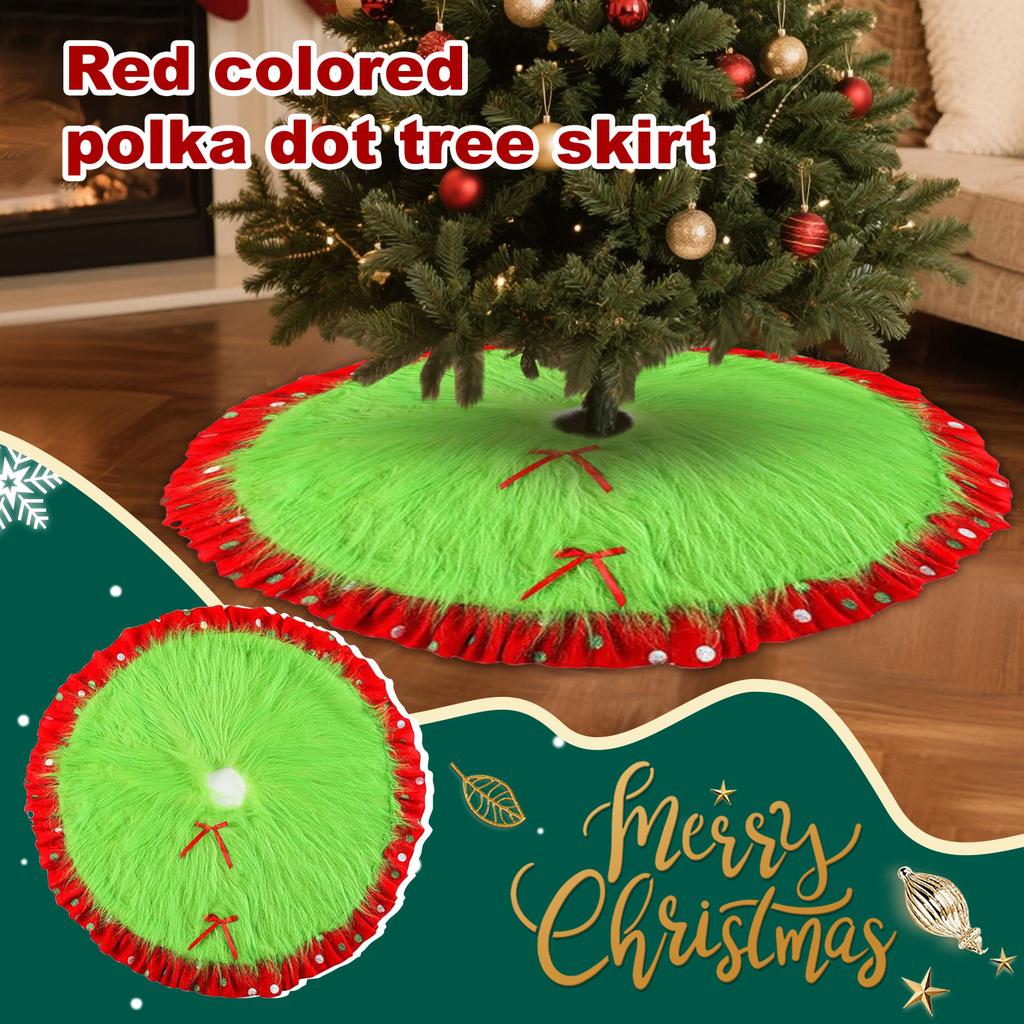 Red And Green Christmas Tree Skirt Furry Plush Christmas Tree Skirts Holiday Glittering Dot Mat Faux Round Carpet For Home Xmas Party Decor