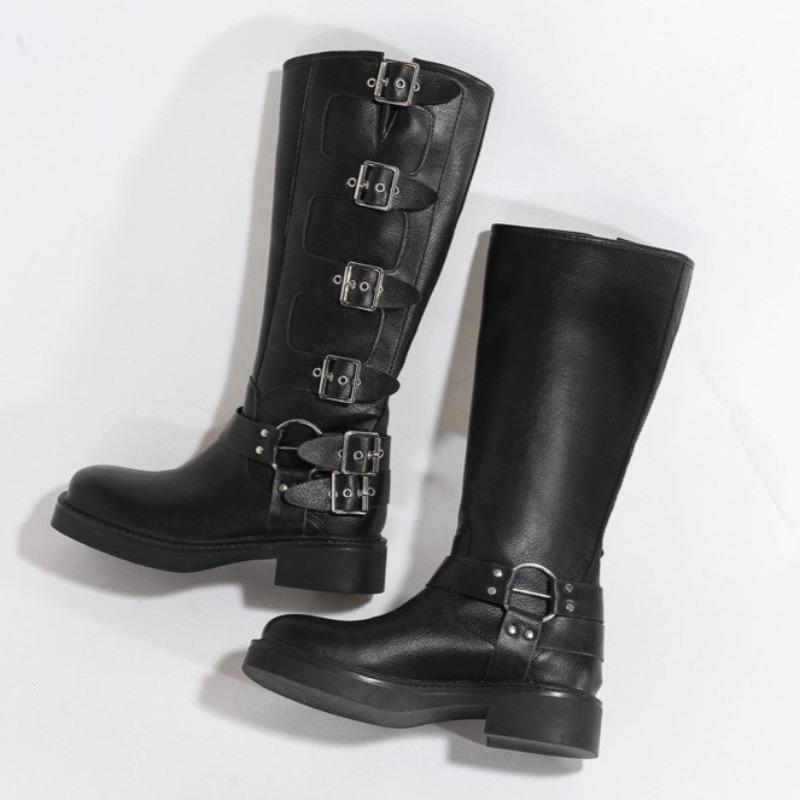 Fashion Fashion Metal Belt Buckle Block Heel Boots Women's New Retro Round Toe Platform No Knee Thigh Western Tall Boots