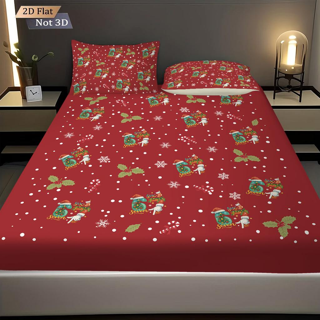 3pcs Merry Christmas 67 Red Printed Chipless Bed Sheet Set Multi Size Soft Bed Cover Bedding Machine Washable