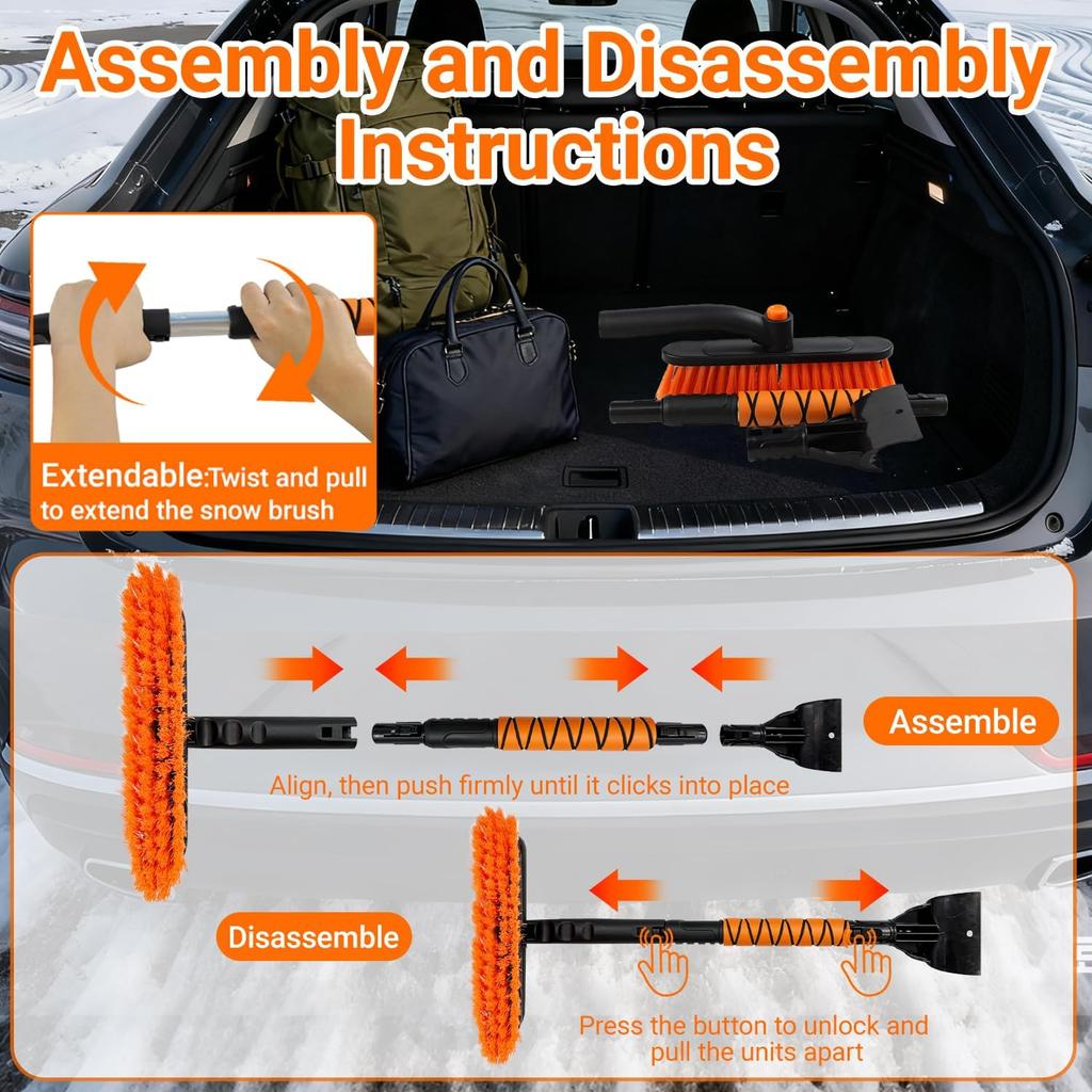 33" Extendable Snow Brush And Ice Scraper For Car Windshield, 2-In-1 Car Snow Brush & Ice Scraper With 360° Pivoting Brush Head And Comfortable Foam