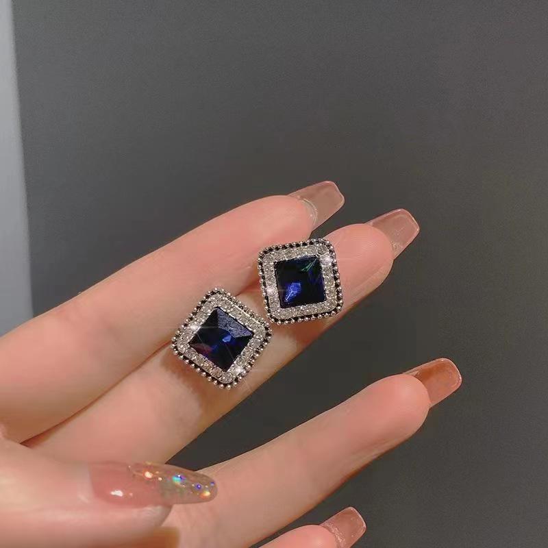 Korean Fashion Blue Crystal Square Stud Earrings for Women - S925 Sterling Silver