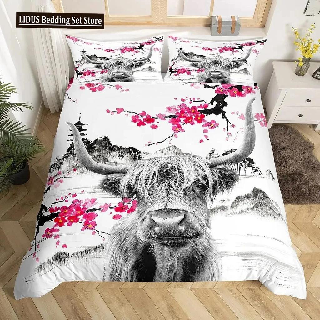 Highland Cattle Påslakanset Sött Blommigt Ko Dubbelt Sängklädesset Gul Solros Täcke Djur Polyester Quiltöverdrag