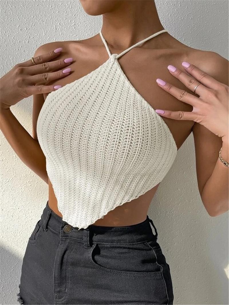 Women S Knit Halter Neck Crop Top Tie Detail Street Style S бежевый