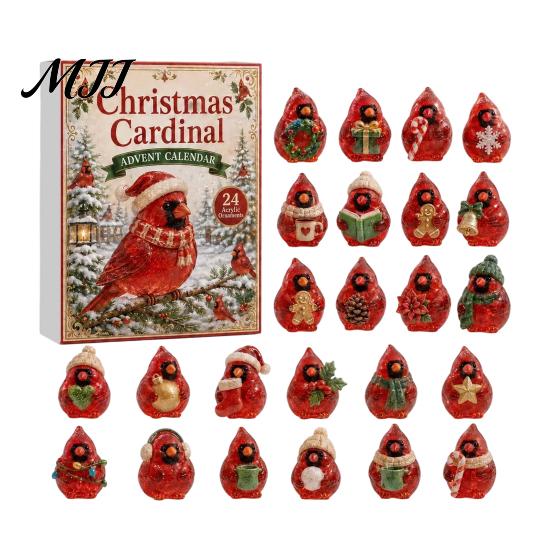 Bird Themed Hanging Ornaments Acrylic Christmas Advent Calendar Box with 24 Ornaments, Desktop Display Festive Countdown Decoration for Home
