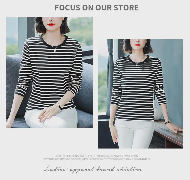 Plus Size Loose-Fit Cotton Striped Long-Sleeve T-Shirt for Middle-Aged & Elderly Women