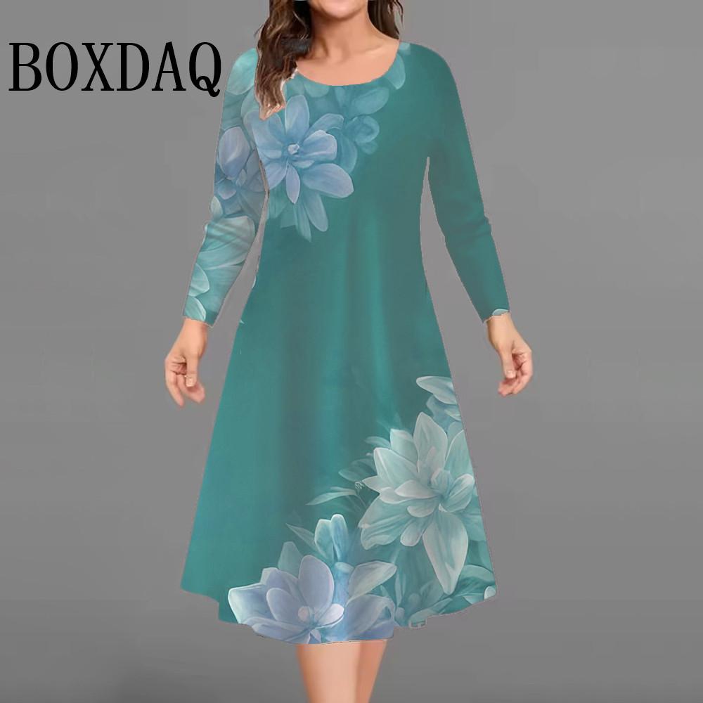 Flowers 3D Print Dresses For Women 2025 Autumn Winter Clothing Plus Size Long Sleeve Dress Casual Retro O-Neck Loose Mini Dress