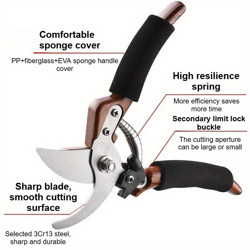 Garden Pruning Shears - Labor-Saving Spring, Sharp Blade, Bent Head, Glass Fiber Wood Grain Sponge Handle