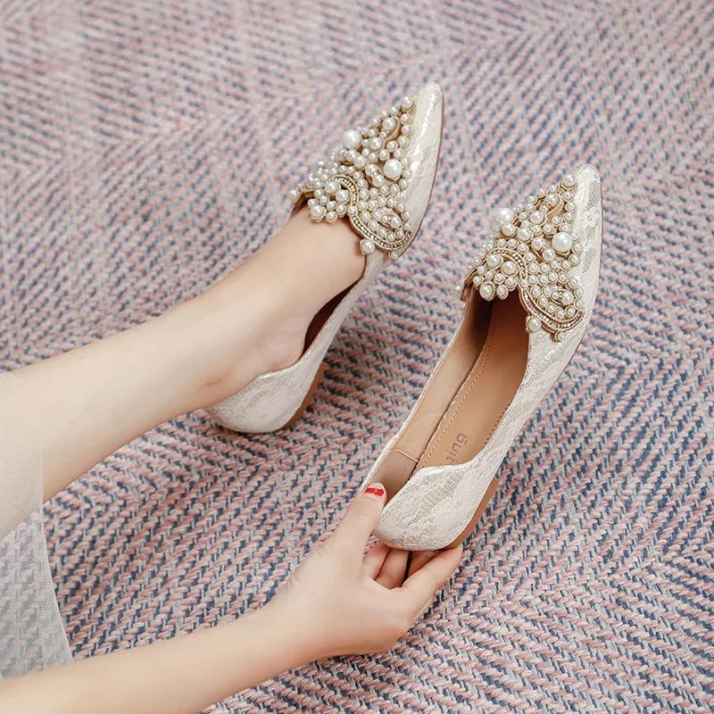 Fashion Wedding Shoes New Women's Shoes Plus Size 43 Lace-up Pearl Gentle Single Shoes Fashion Party Footwear Zapatos Mujer 2025