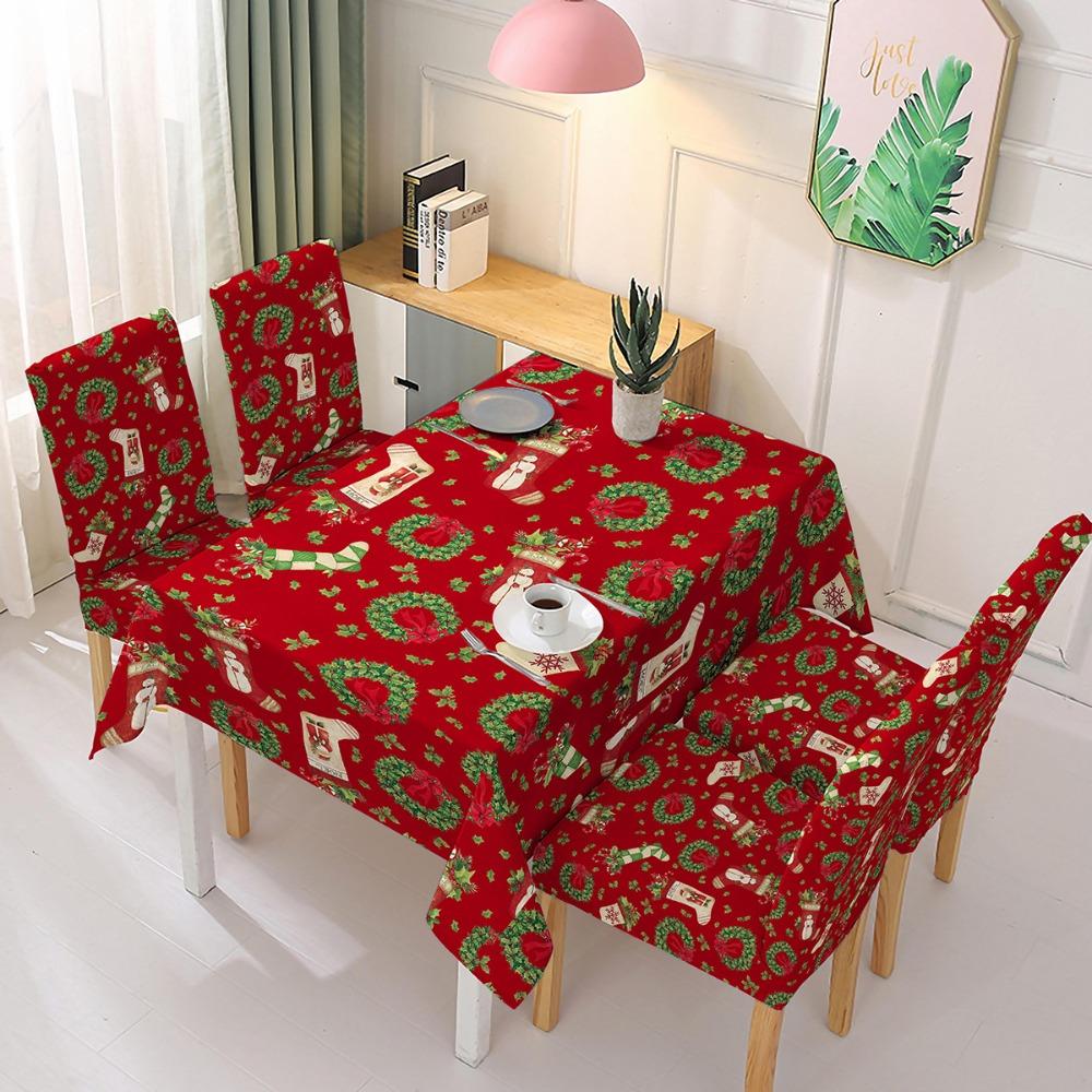 Christmas Polyester Waterproof Tablecloth with Printed Chair Covers Santa Claus Design Festive Decor