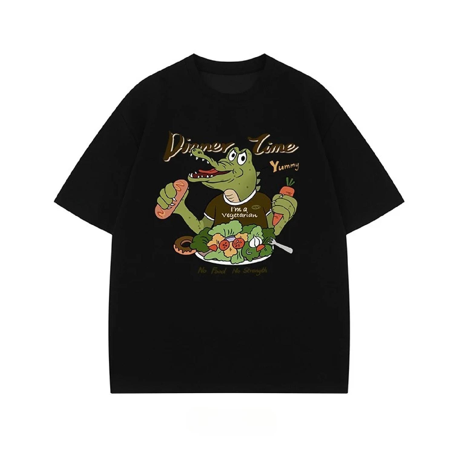 

New American Cartoon Crocodile Print Cotton T-shirt for Summer 2025 Loose and Casual Short-sleeved Men s and Women s Tops S чёрный