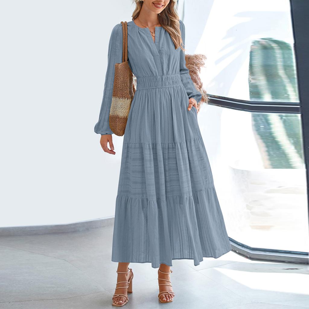 Women's Fashion V-neck Pleated, Waist-cinching, Wide-swing Long-sleeved Dress