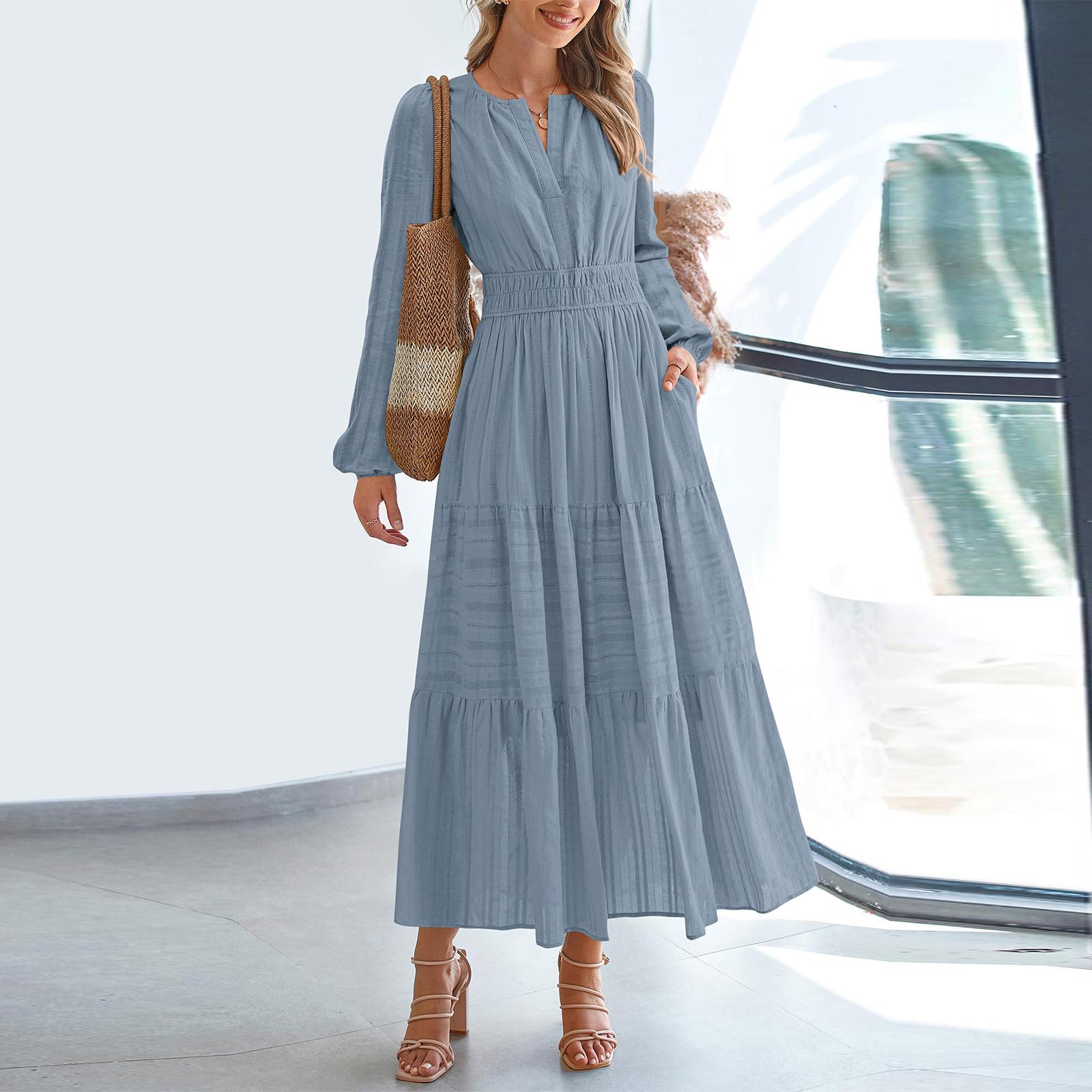 

Женское модное платье с V-образным вырезом, плиссированное, с акцентом на талии, с широкой юбкой и длинными рукавами XL