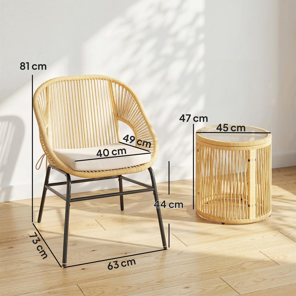 Bistro Balcony Lounge Set, 3-Piece, 2 Armchairs, Tempered Glass Table, Removable Cushions, Beige