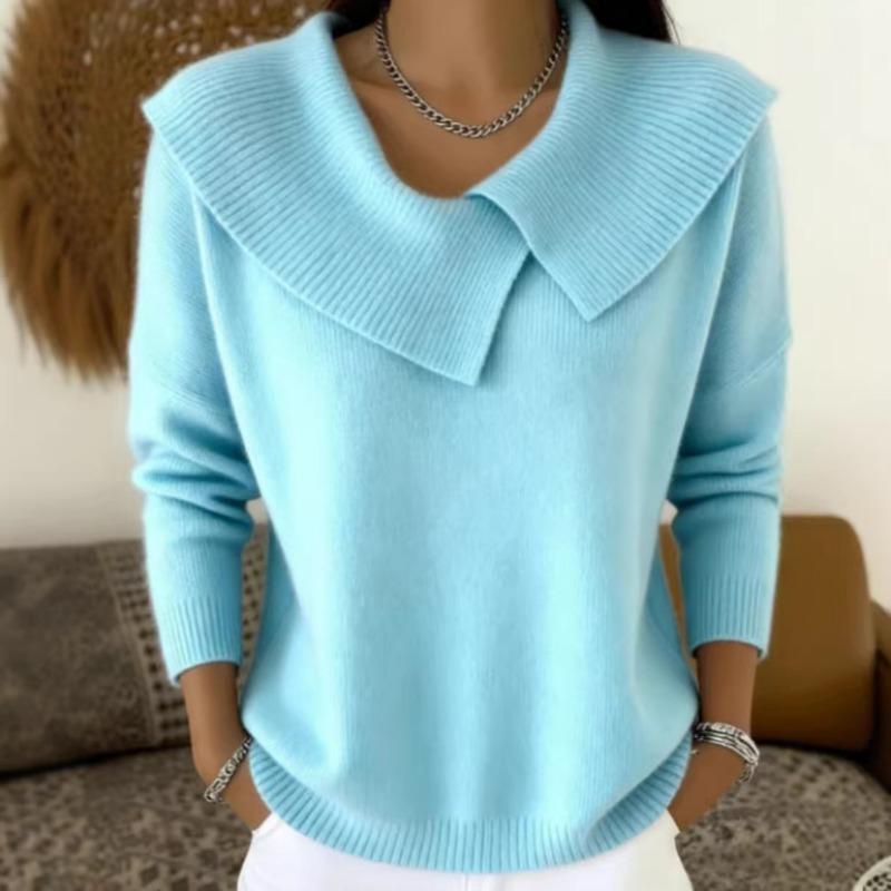 Fall Winter Asymmetrical Collar Knit Sweater Long Sleeve Casual Pullover Top