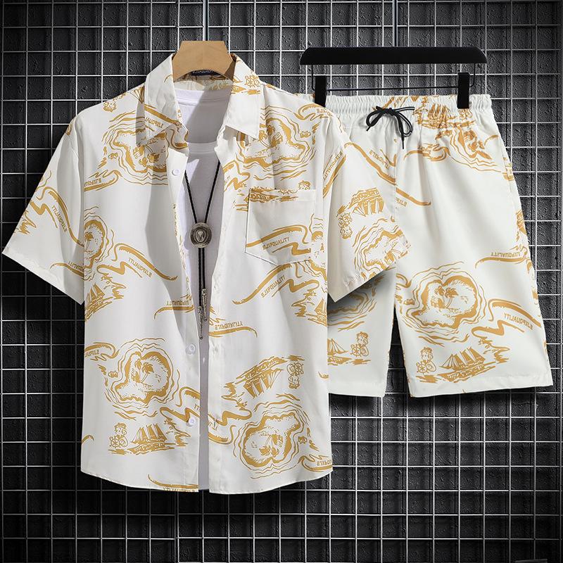 Herren Retro Blumen Kurzarm Hemd Set - Hainan Strandmode, Sanya & Hawaii Stil