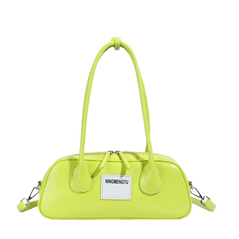 Neon Green Leather Shoulder Bag for Women - Trendy Baguette Handbag with Detachable Strap, Fashion Retro Purse