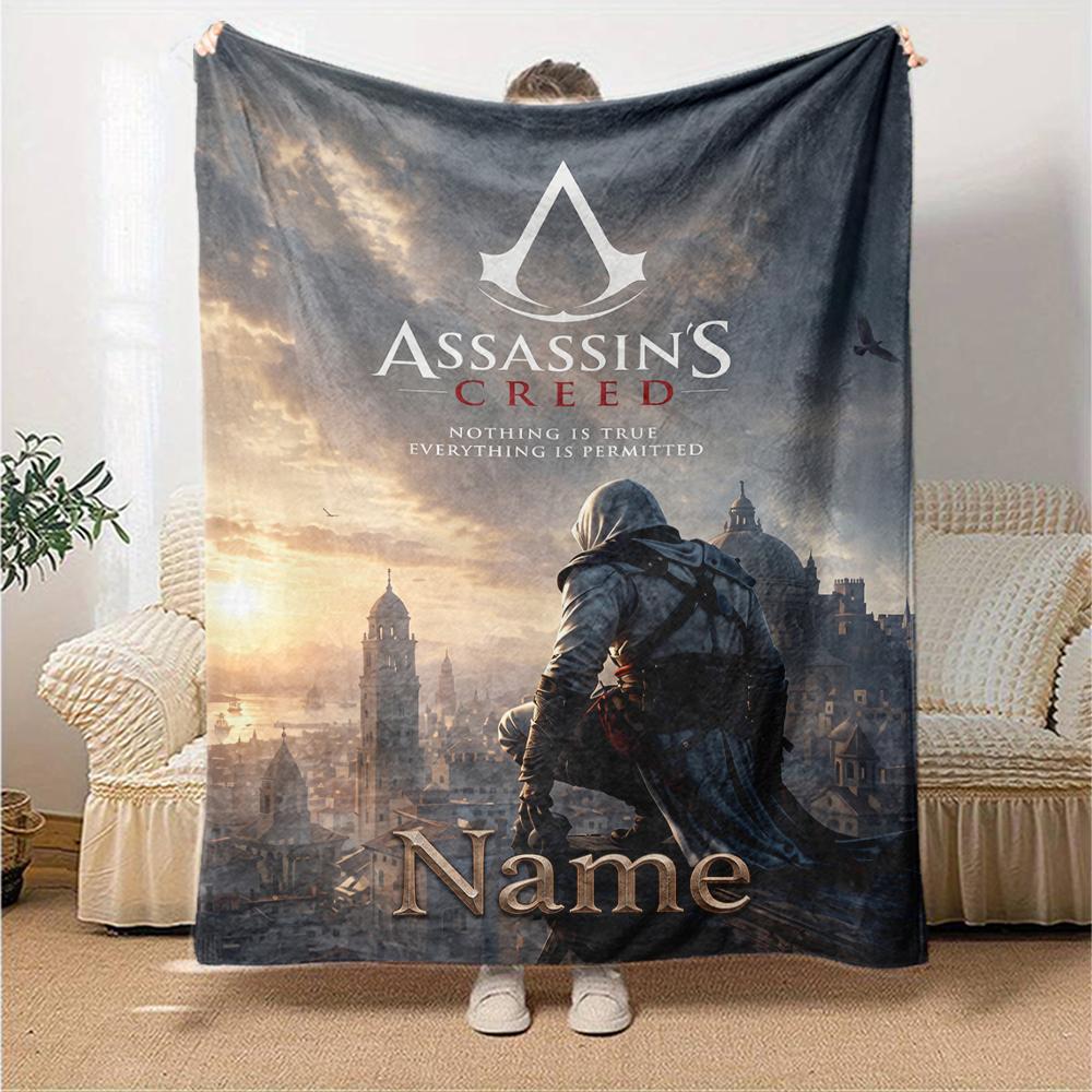 Koc z nadrukiem w stylu Assassin's Creed z imieniem na zamówienie Idealny na kanapę, łóżko, podróże, do użytku na zewnątrz Można prać w pralce Przytulny Trwały