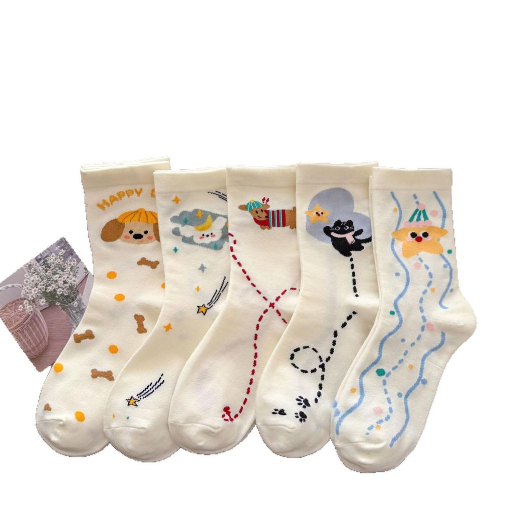 Cute Socks Mid-Leg Socks Pure Cotton Spring And Autumn Cartoon Student Puppy Summer Thin White Stockings