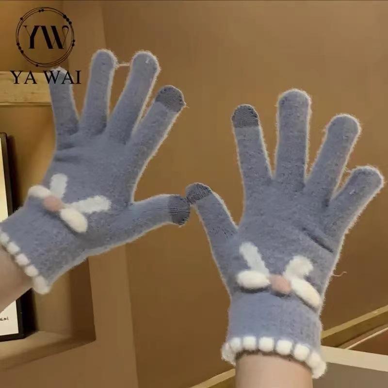 Gestrickte Handschuhe, Damen Herbst und Winter Wolle, warme fünf Finger, niedliche Studenten, die im Winter fahren, neue Schleifen