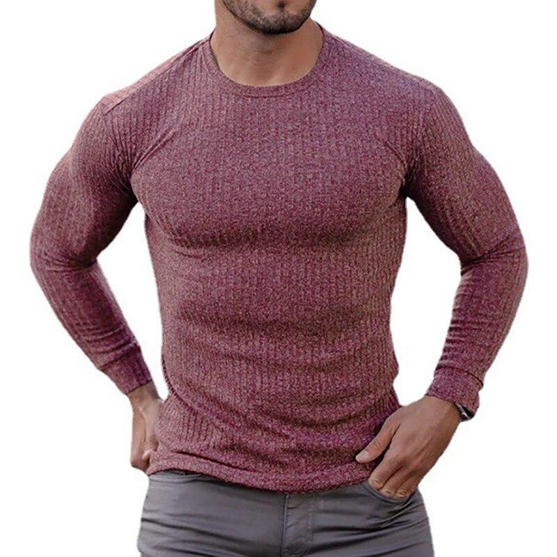 

Muscleguys модная осенняя однотонная мужская тонкая вязаная рубашка с длинными рукавами и круглым вырезом, повседневная одежда для фитнеса L красный