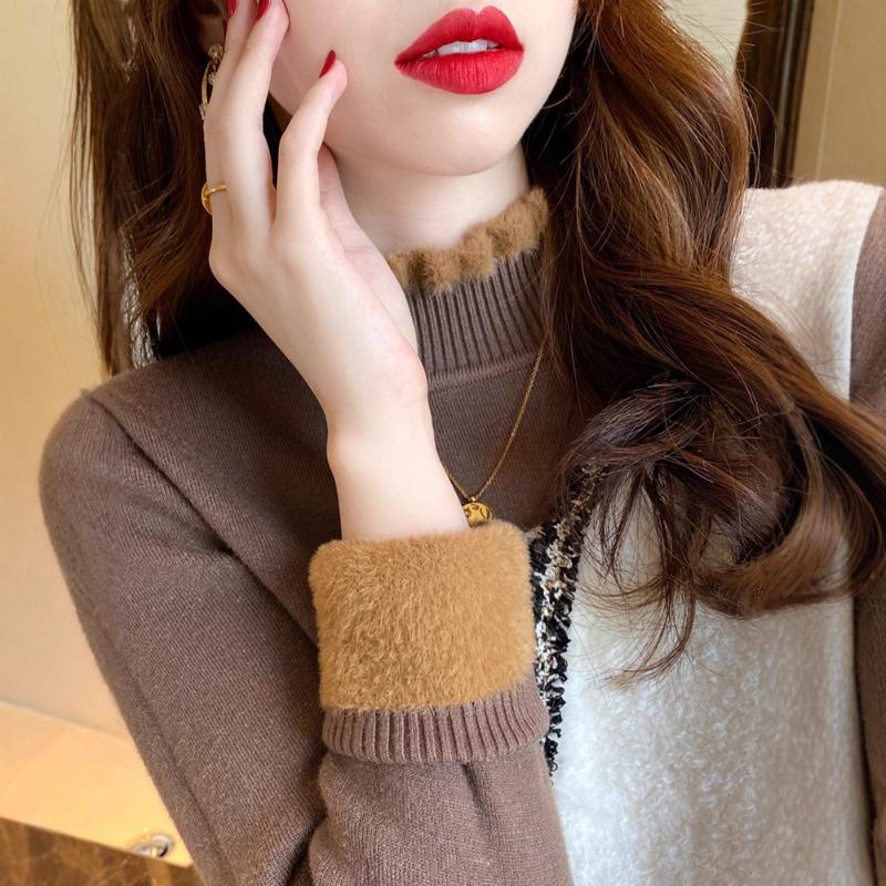 One-piece fleece sweater women's autumn and winter new fleece thickened bottoming shirt with warm knitted semi-turtleneck top