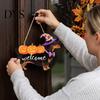 Fall Home Accents Halloween Ghost Welcome Door Hanger, Cute Wooden Sign with Witch Hat & Pumpkin Wall Elements, Indoor Outdoor Decor for Holiday Porch