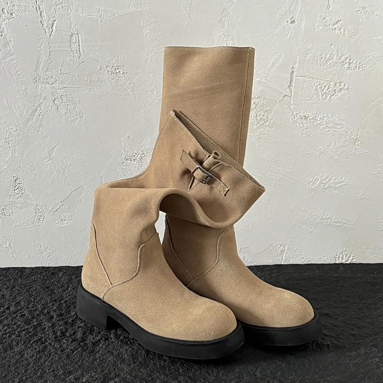 All cowhide but knee boots 2025 autumn and winter knight boots women's brown round head low heel sleeve high boots