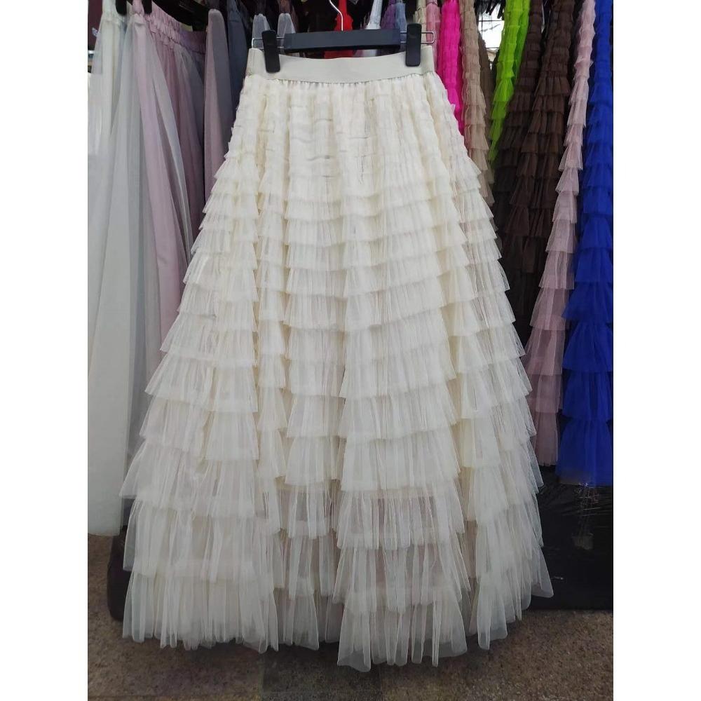 Women's Elastic Waist A‑Line Maxi Tulle Skirt Fresh Sweet Tiered Cake Long Skirt
