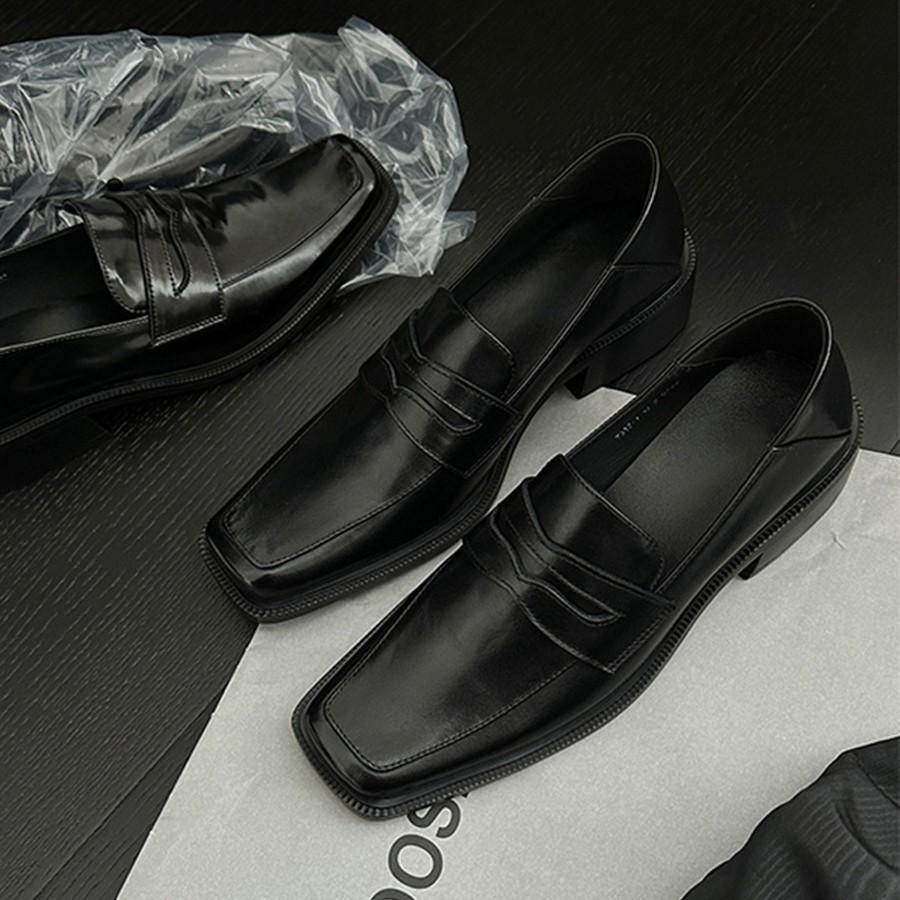 Rindslederversion~ Retro Britische schwarze kleine Lederschuhe mit eckiger Spitze, Damen-Pendler-Slipper mit Temperament, dickem Absatz und Einzeln-Schuhe