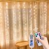 USB Remote-Controlled LED Copper Wire Curtain Lights - 3x3M, 8 Functions, Waterproof Outdoor Christmas Decor.