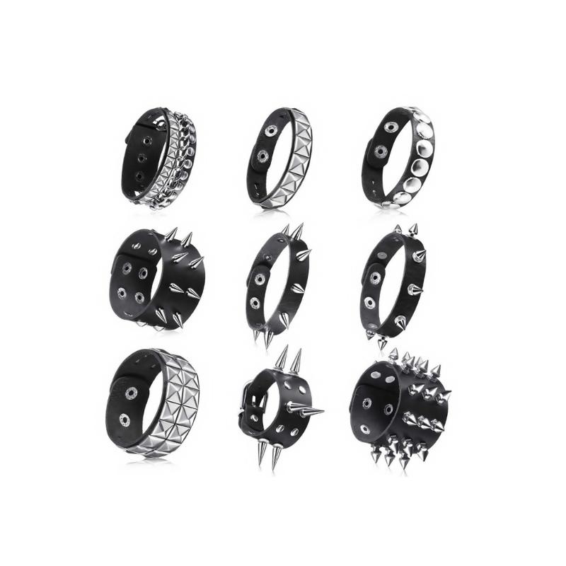 

9Pcs Punk Rock Wide Cuff Bracelets Multi Layer Leather With Metal Studs Adjustable Unisex For Daily Wear 1