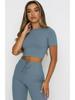 European and American Women's Fashion: Solid Color High-Elastic Shaping Rib-Knit Short-Sleeve Top & Wide-Leg Pants Two-Piece Set.