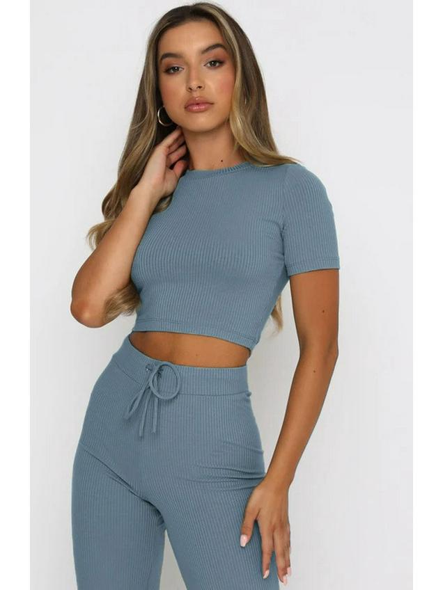 European and American Women's Fashion: Solid Color High-Elastic Shaping Rib-Knit Short-Sleeve Top & Wide-Leg Pants Two-Piece Set.