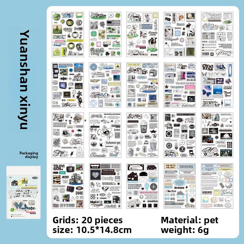 20 Sheets/pack Sticker Book Cloud Edge Light Print INS Style English Patterns Waterproof Planner Materials DIY Decorative