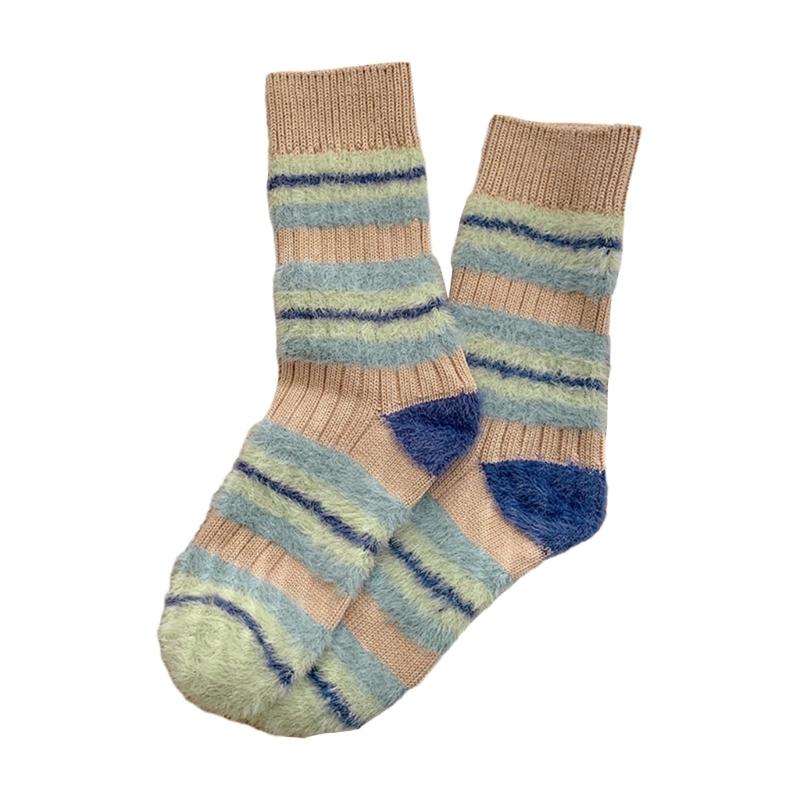 

Plush Colorblock Striped Winter Thermal Warm Crew Socks Women Thicken Faux Wool Ribbed Knit Breathable Middle Tube Socks 1 хаки