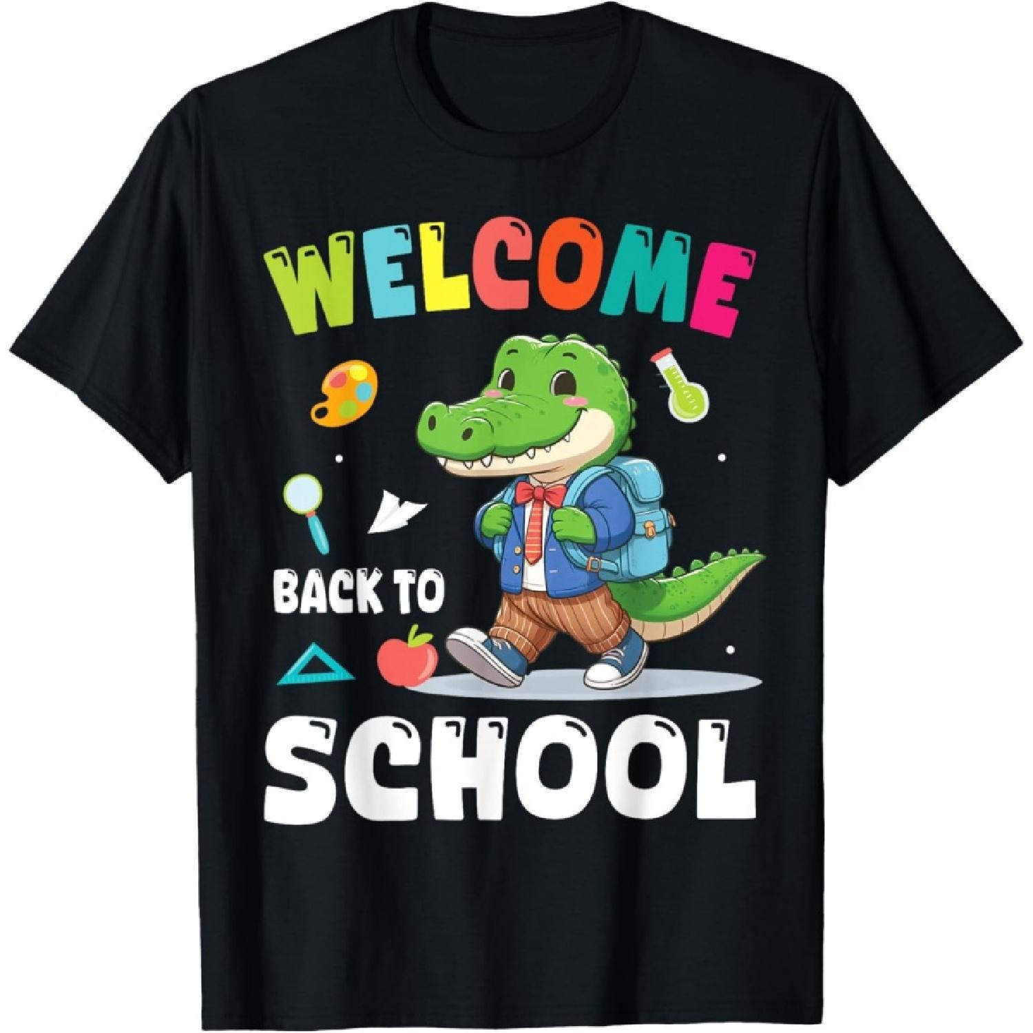

CROCODILE Student Wearing Backpack Welcome Back To School T-Shirt(1) XXXXXL чорний
