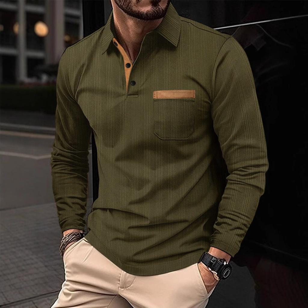 Mens Spring Long Sleeve Polo Shirts Classic Button Basic Textured T Shirts Casual Slim Fit Golf Tee Shirt