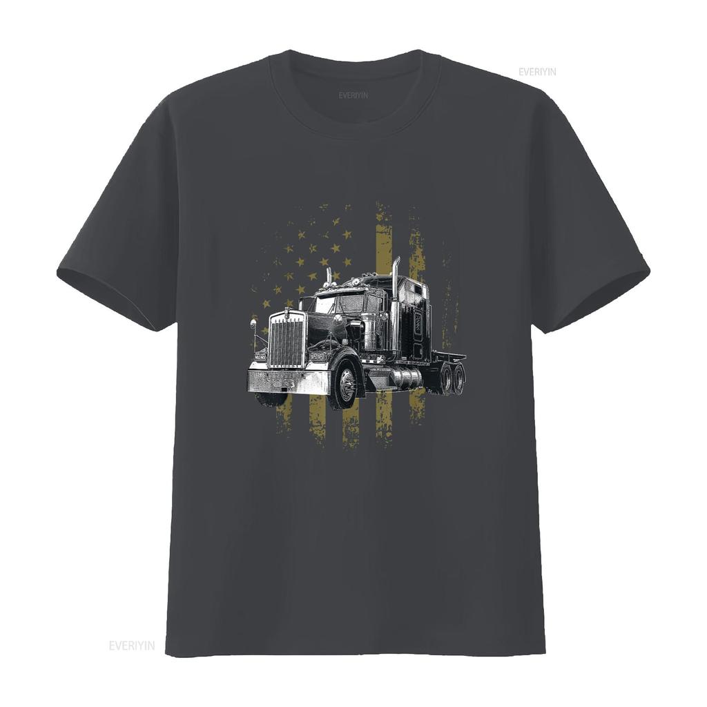 Kierowca Ciężarówki Amerykańska Flaga Duża Ciężarówka Ciągnik Siodłowy Kierowca Ciężarówki Koszulka Czarna 4X Duży vintage Wypłukana Wszechstronna moda graficzna