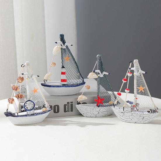 Mini Sailboat Model Nautical Resin Sailing Boat Decoration with Shell Starfish Rustic Vintage Beach Ocean Theme Ship Ornament for Home Office Bedroom