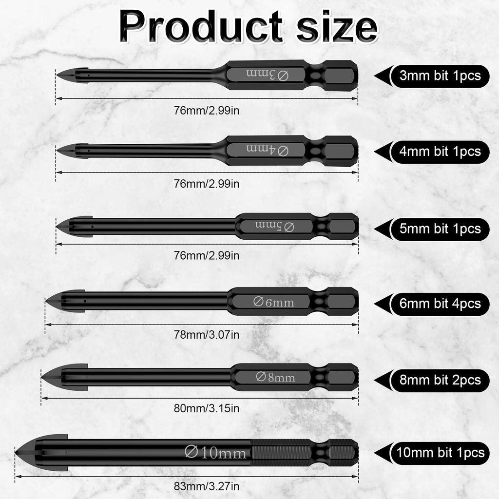 Cross Hexagon Drill Bit Set 3/4/5/6/8/10mm Carbide Drill Bits Suitable for Ceramic Tiles Mirror Glass Ceramic Marble Granite