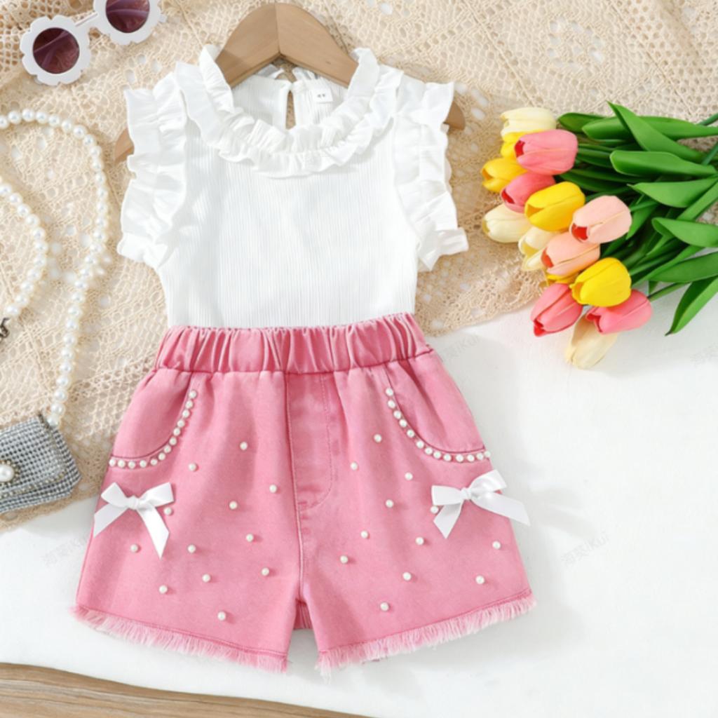 Baby Girls 2-Piece Outfit, Ribbed Ruffle Neck Top and Embellished Denim Shorts