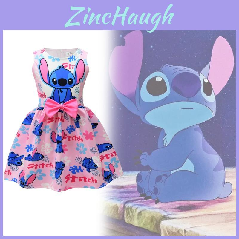 Vestido de Niña Lilo Stitch con Tejido de Mezcla de Algodón y Estampado de Dibujos Animados para Niños de 3 a 8 Años